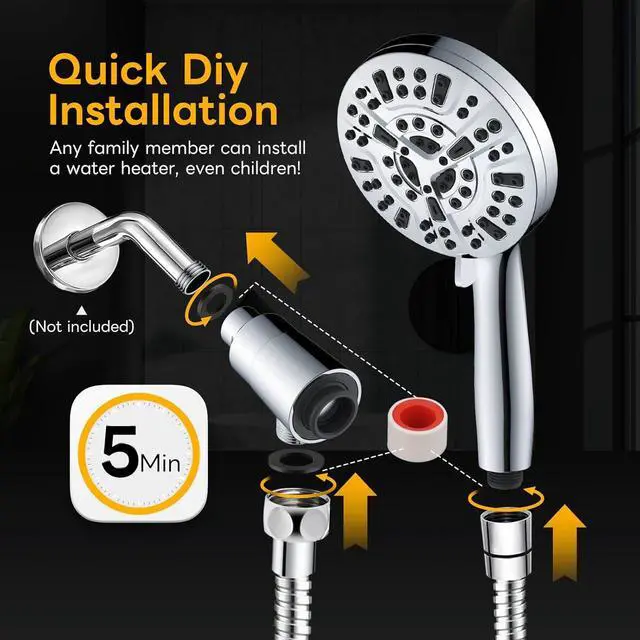 Alt view image 4 of 7 - High Pressure 10 Ways Handheld Shower Head Chrome- Anti-clog Nozzles, Built-in Power Wash to Clean Tub, Wall & Overhead Brackets,Magnetitc Rainfall Shower Wand,Built-in 2 Power Jet