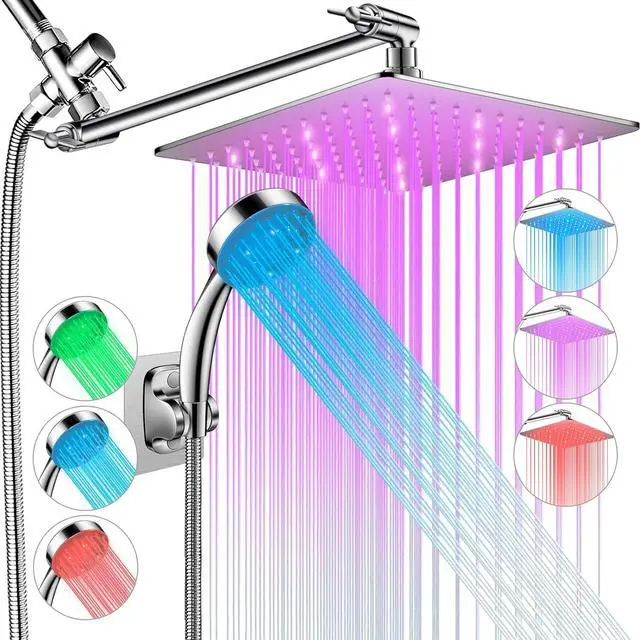 Main image of LED Shower Head with High Pressure 10'' Rain Shower Head, 11'' Adjustable Extension Arm, Color Changing Based On Water Temperature, Stainless Steel, 60'' Hose, Chrome