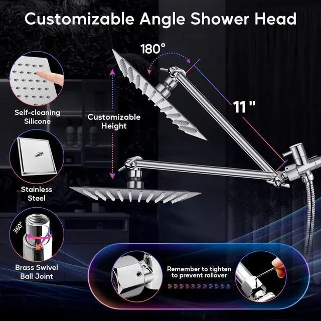 Alt view image 4 of 7 - LED Shower Head with High Pressure 10'' Rain Shower Head, 11'' Adjustable Extension Arm, Color Changing Based On Water Temperature, Stainless Steel, 60'' Hose, Chrome