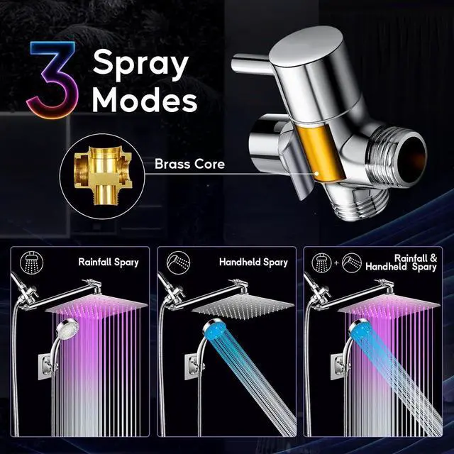 Alt view image 6 of 7 - LED Shower Head with High Pressure 10'' Rain Shower Head, 11'' Adjustable Extension Arm, Color Changing Based On Water Temperature, Stainless Steel, 60'' Hose, Chrome