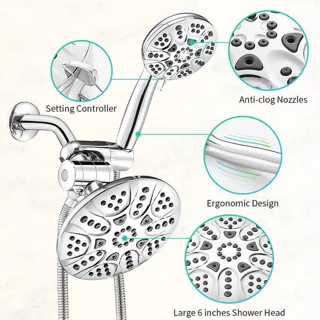 Alt view image 6 of 7 - Rain Shower Heads with Handheld Spray Combo 30 Settings High Pressure 6 inch Face 3-Way Dual Rain and Handheld Shower Head Combo Set, Chrome