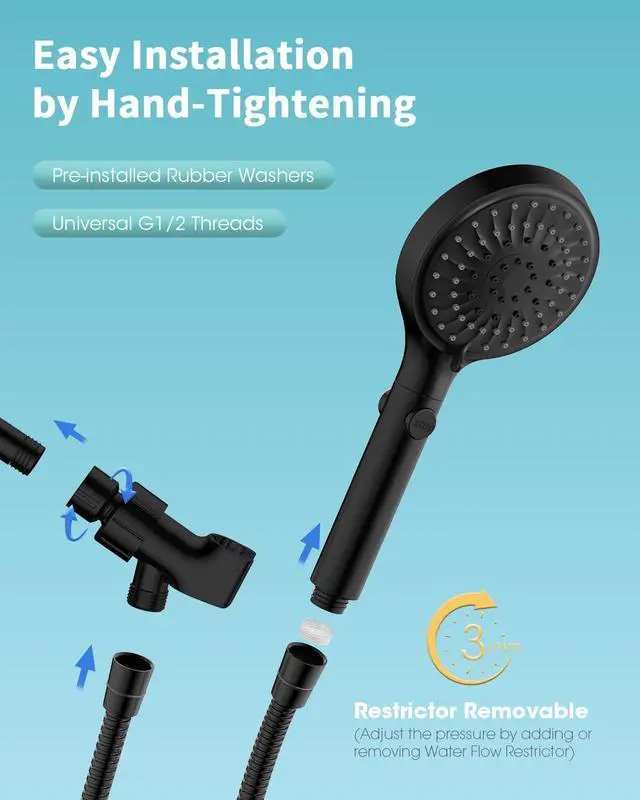 Alt view image 6 of 7 - FASDUNT Shower Head with Handheld, High Pressure Handheld Shower Head with 80" Extra Long Stainless Steel Hose & Adjustable Bracket, Showerhead with ON/OFF Switch, Black