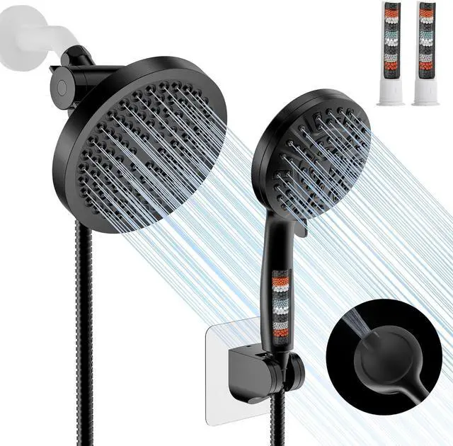 Main image of Filtered Shower Head with Handheld Spray Combo,High Pressure Rain Shower Heads,Double Dual Shower Head 10 Spray Modes,Detachable Showerhead 78 Inch Hose,Black