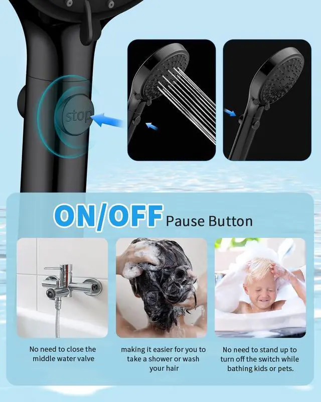 Alt view image 4 of 7 - FASDUNT Shower Head with Handheld, High Pressure Handheld Shower Head with 80" Extra Long Stainless Steel Hose & Adjustable Bracket, Showerhead with ON/OFF Switch, Black