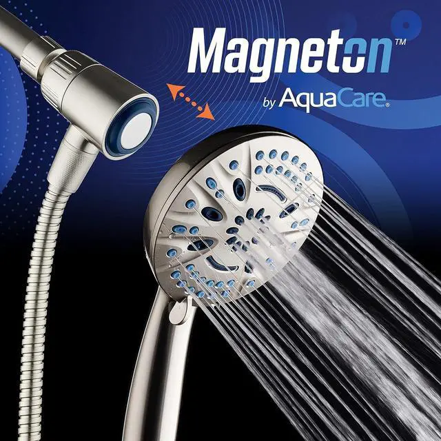 Alt view image 2 of 7 - AquaCare Magneton High-Pressure 8-mode Handheld Shower Head with Magnetic Guidance Docking System - 2 Magnetic Brackets, 5 inch Face, Hygienic Jets, 6 ft. Stainless Steel Hose - All Nickel Finish