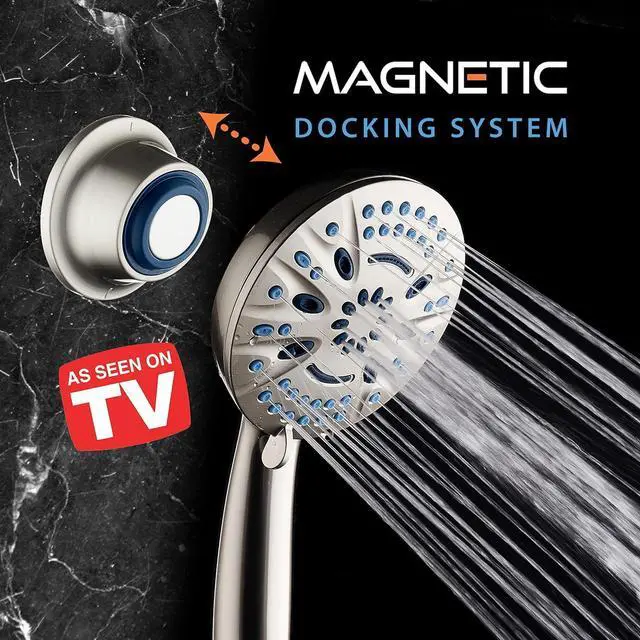 Alt view image 4 of 7 - AquaCare Magneton High-Pressure 8-mode Handheld Shower Head with Magnetic Guidance Docking System - 2 Magnetic Brackets, 5 inch Face, Hygienic Jets, 6 ft. Stainless Steel Hose - All Nickel Finish