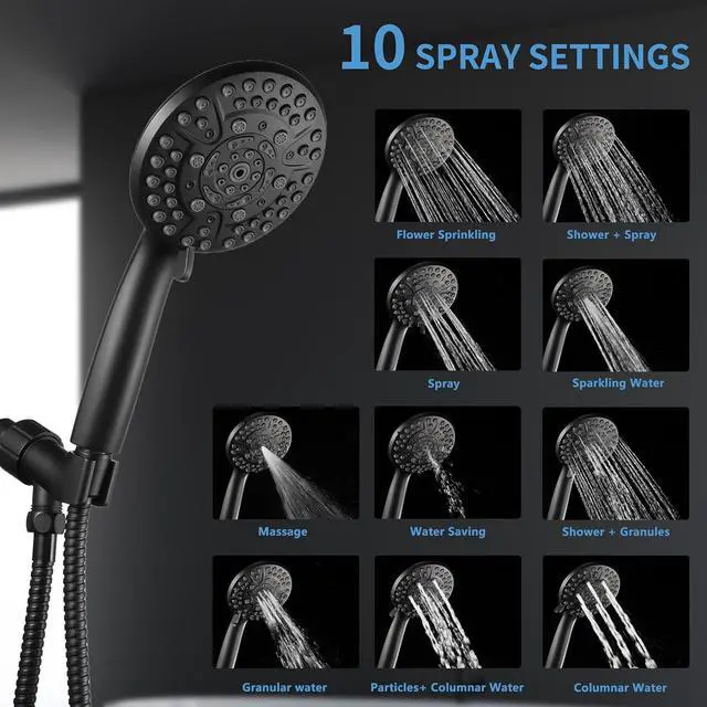 Alt view image 2 of 7 - 10 Spray Shower Head with Handheld,High Pressure shower heads with Handheld Spray Combo,Hand Held Shower Head with 60 Inch Long Hose (Matte Black)