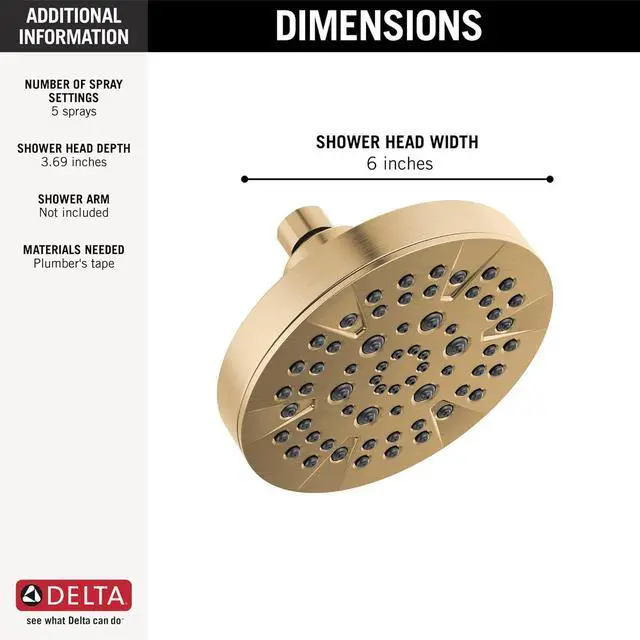 Alt view image 3 of 7 - Delta 6-Setting Brushed Gold Shower Head with High Pressure Spray, 6 Inch Round Shower Head, Showerheads, 1.75 GPM Flow Rate, Champagne Bronze 52535-CZ