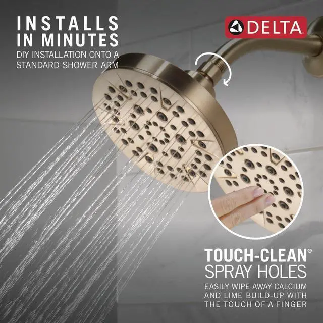 Alt view image 4 of 7 - Delta 6-Setting Brushed Gold Shower Head with High Pressure Spray, 6 Inch Round Shower Head, Showerheads, 1.75 GPM Flow Rate, Champagne Bronze 52535-CZ