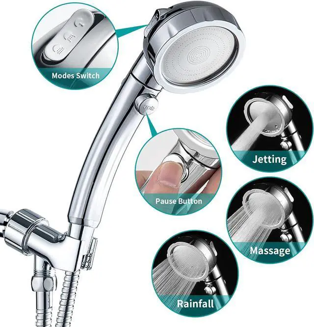 Alt view image 2 of 7 - MIAOHUI Modern Handheld Shower Head with On Off Switch, High Pressure Shower Head with Handheld, 3 Spray Settings Removable Shower Head with Hose, Angle Adjustable Shower Bracket, Teflon Tape (Chrome)