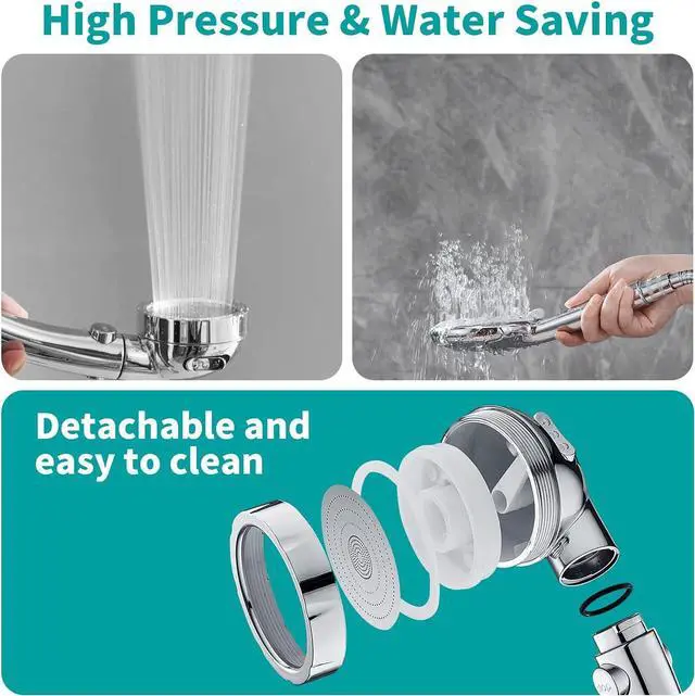 Alt view image 4 of 7 - MIAOHUI Modern Handheld Shower Head with On Off Switch, High Pressure Shower Head with Handheld, 3 Spray Settings Removable Shower Head with Hose, Angle Adjustable Shower Bracket, Teflon Tape (Chrome)