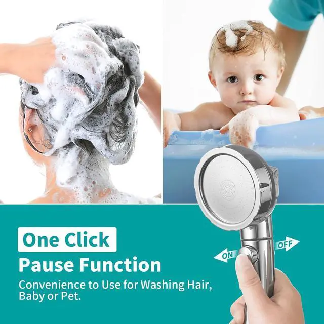 Alt view image 3 of 7 - MIAOHUI Modern Handheld Shower Head with On Off Switch, High Pressure Shower Head with Handheld, 3 Spray Settings Removable Shower Head with Hose, Angle Adjustable Shower Bracket, Teflon Tape (Chrome)