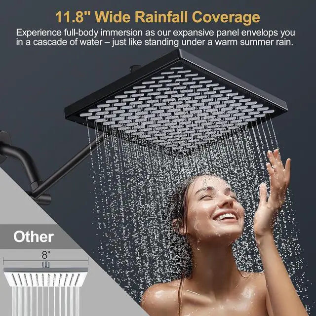 Alt view image 4 of 7 - Cobbe Rainfall Shower Head for Bathroom, 11.8 Inch Large Rectangular with Adjustable Stainless Steel 11 Inch Extension Arm - Premium Quality Luxury Experience, 1-Min No Tools Installation, Black