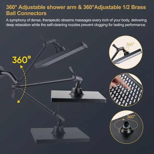 Alt view image 6 of 7 - Cobbe Rainfall Shower Head for Bathroom, 11.8 Inch Large Rectangular with Adjustable Stainless Steel 11 Inch Extension Arm - Premium Quality Luxury Experience, 1-Min No Tools Installation, Black