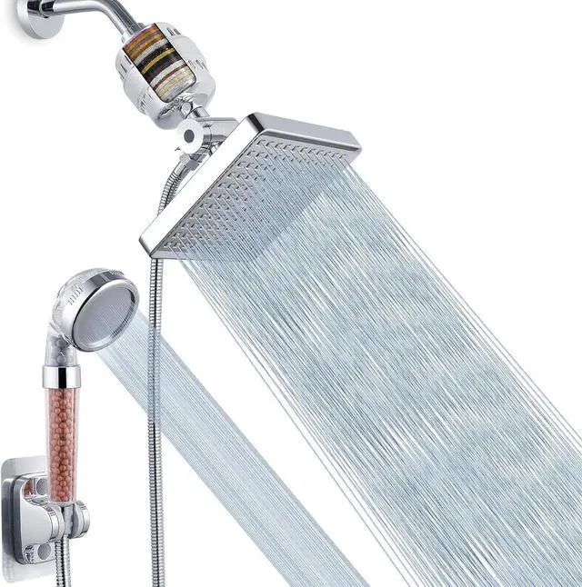 Main image of Voolan Filtered Shower Head Set, High Pressure Rain Shower with Handheld Showerhead Combo, Self-adhesive Holder/59" Hose, 20 Stage Filter Removes Chlorine and Harmful Substances (Square,Chrome)