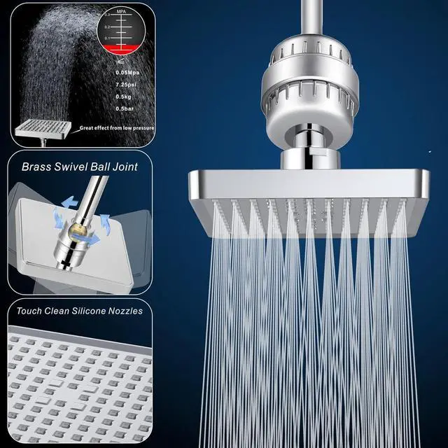Alt view image 5 of 7 - Voolan Filtered Shower Head Set, High Pressure Rain Shower with Handheld Showerhead Combo, Self-adhesive Holder/59" Hose, 20 Stage Filter Removes Chlorine and Harmful Substances (Square,Chrome)