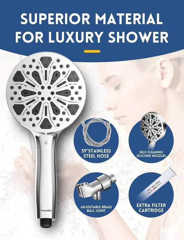 Alt view image 7 of 7 - Filtered Shower Head with Handheld and Hose, 10 Spray Modes High Pressure Showerhead for Hard Water, Water Saving Removable Filter with Beads, Chrome Finish, WaterSense & CUPC Certified