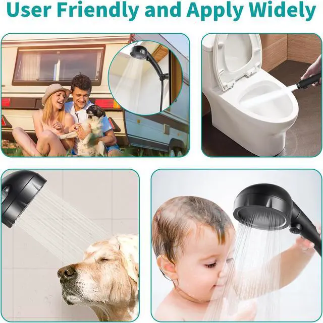 Alt view image 6 of 7 - MIAOHUI Modern Handheld Shower Head with On/Off Switch, 3 Spray Settings, Removable Shower Head with Hose, Angle Adjustable Shower Bracket, Teflon Tape, Black