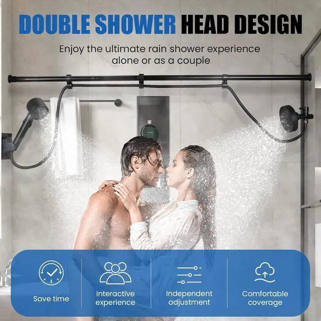 Alt view image 2 of 7 - Dual Shower Head for Couples, Double Shower System for Two People, 6+3 Adjustable Spray Modes-High Pressure Tandem Showerhead with 31.5~80.7" Extendable Rod / 78.7" Long Hose, Easy Install