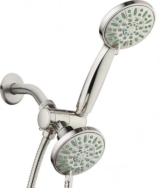 Main image of AquaDance Antimicrobial/Anti-Clog High-Pressure 30-setting Shower Combo, Microban Nozzle Protection from Growth of Mold, Mildew & Bacteria for Stronger Shower! Brushed Nickel Finish/Coral Green Jets
