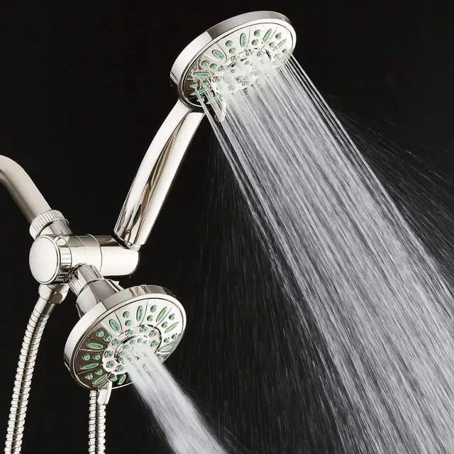 Alt view image 3 of 7 - AquaDance Antimicrobial/Anti-Clog High-Pressure 30-setting Shower Combo, Microban Nozzle Protection from Growth of Mold, Mildew & Bacteria for Stronger Shower! Brushed Nickel Finish/Coral Green Jets
