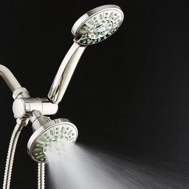 Alt view image 7 of 7 - AquaDance Antimicrobial/Anti-Clog High-Pressure 30-setting Shower Combo, Microban Nozzle Protection from Growth of Mold, Mildew & Bacteria for Stronger Shower! Brushed Nickel Finish/Coral Green Jets