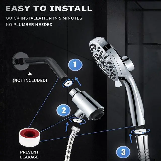 Alt view image 2 of 7 - High Pressure Shower Head with Magnetic Back Fixed Base Design,Handheld Showerhead with Hose Set Stainless Steel 59 inches/5 ft 10-Setting 5 inches Large Face,Chrome Finish (Silver)