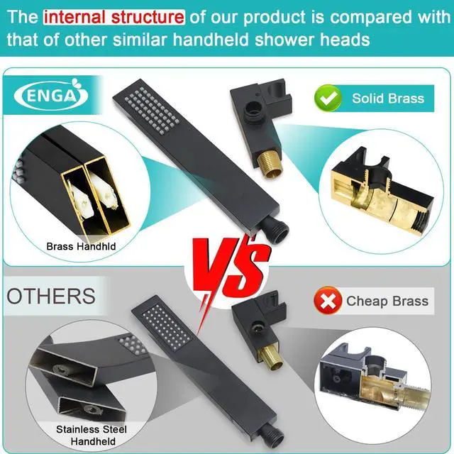 Alt view image 2 of 7 - ENGA Square Matte Black Solid Brass Eco-Performance Hand Held Shower Head with Wall Connector and Hose Wall Mount Handheld Showerheads Set