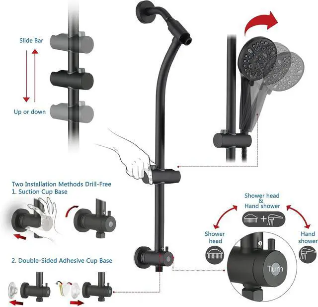 Alt view image 3 of 7 - Modern Rainfall Shower Head with Handheld Shower Spray, 26-Inch Adjustable Height Slide Bar, High Pressure Dual Shower Head Combo, 3-Way Diverter for Easy Reach, 5-Foot Hose - Matte Black
