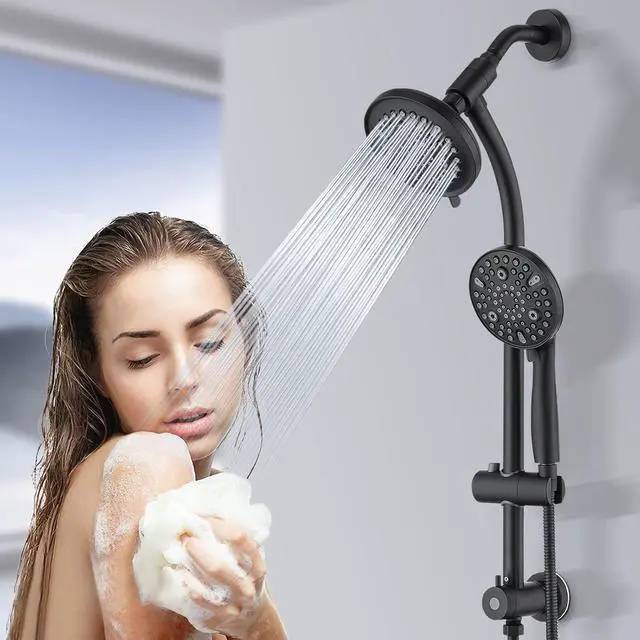 Alt view image 2 of 7 - Modern Rainfall Shower Head with Handheld Shower Spray, 26-Inch Adjustable Height Slide Bar, High Pressure Dual Shower Head Combo, 3-Way Diverter for Easy Reach, 5-Foot Hose - Matte Black