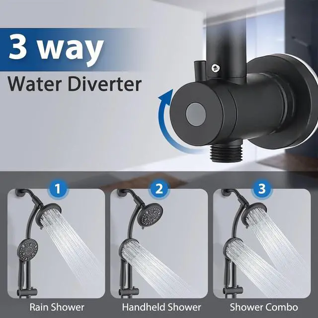 Alt view image 6 of 7 - Modern Rainfall Shower Head with Handheld Shower Spray, 26-Inch Adjustable Height Slide Bar, High Pressure Dual Shower Head Combo, 3-Way Diverter for Easy Reach, 5-Foot Hose - Matte Black