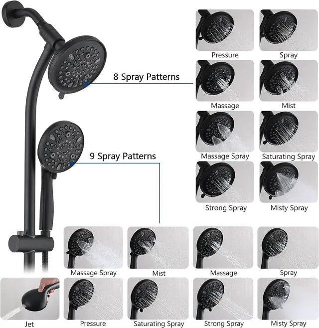 Alt view image 4 of 7 - Modern Rainfall Shower Head with Handheld Shower Spray, 26-Inch Adjustable Height Slide Bar, High Pressure Dual Shower Head Combo, 3-Way Diverter for Easy Reach, 5-Foot Hose - Matte Black