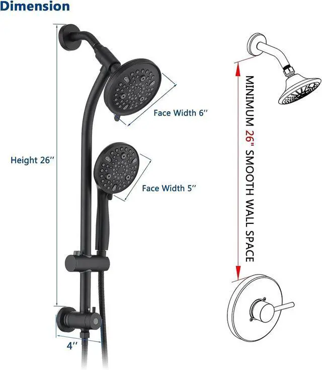 Alt view image 7 of 7 - Modern Rainfall Shower Head with Handheld Shower Spray, 26-Inch Adjustable Height Slide Bar, High Pressure Dual Shower Head Combo, 3-Way Diverter for Easy Reach, 5-Foot Hose - Matte Black
