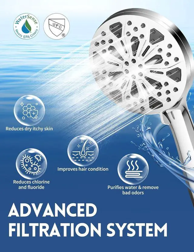 Alt view image 2 of 7 - Filtered Shower Head with Handheld and Hose, 10 Spray Modes High Pressure Showerhead for Hard Water, Water Saving Removable Filter with Beads, Chrome Finish, WaterSense & CUPC Certified