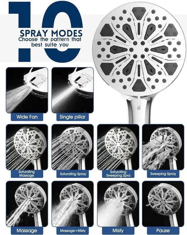 Alt view image 3 of 7 - Filtered Shower Head with Handheld and Hose, 10 Spray Modes High Pressure Showerhead for Hard Water, Water Saving Removable Filter with Beads, Chrome Finish, WaterSense & CUPC Certified