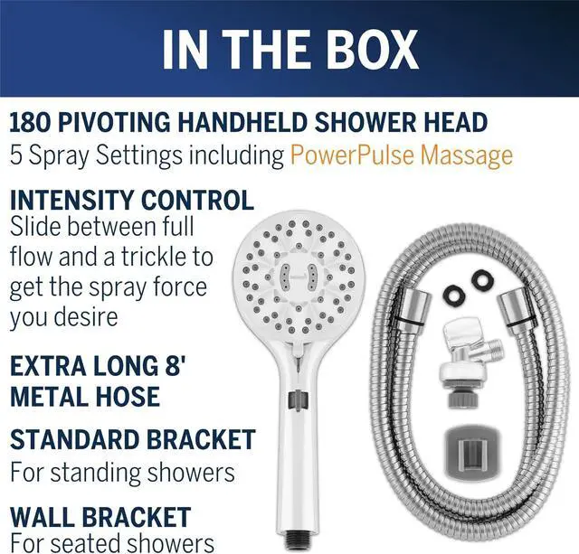Alt view image 5 of 7 - Waterpik ShowerCare Pivoting Hand Held Shower Head, Chrome - Five Modes Including PowerPulse Therapeutic Massage - 180-Degree Rotation, Eight ft. Metal Hose
