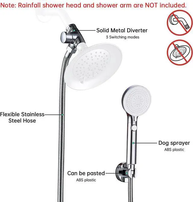 Alt view image 2 of 7 - VSincerity Dog Shower Head Sprayer Pet High Pressure 3 Mode Handheld with ONOFF Switch Metal Diverter 100Inch ExtraLong Stainless steel Hose No Drill Hook Chrome 2 Piece Set