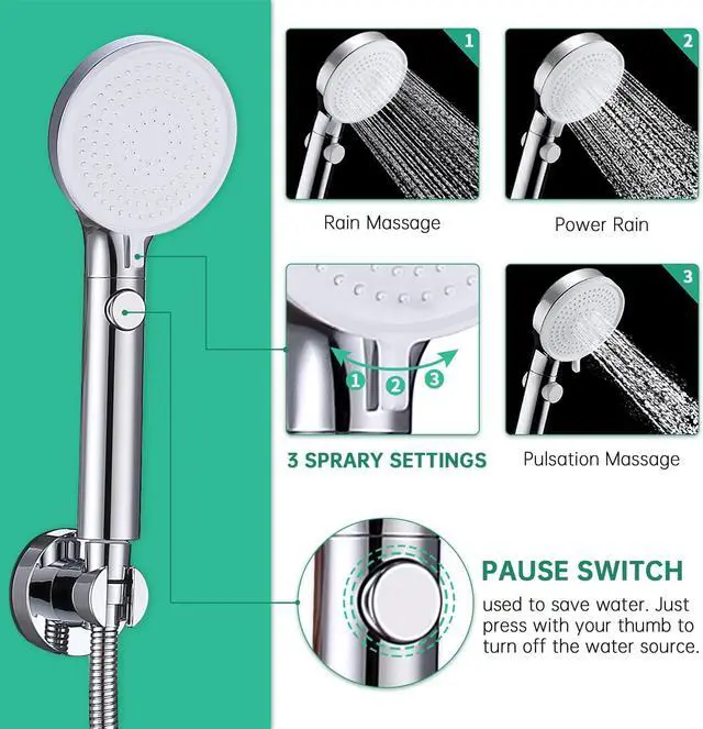 Alt view image 3 of 7 - VSincerity Dog Shower Head Sprayer Pet High Pressure 3 Mode Handheld with ONOFF Switch Metal Diverter 100Inch ExtraLong Stainless steel Hose No Drill Hook Chrome 2 Piece Set