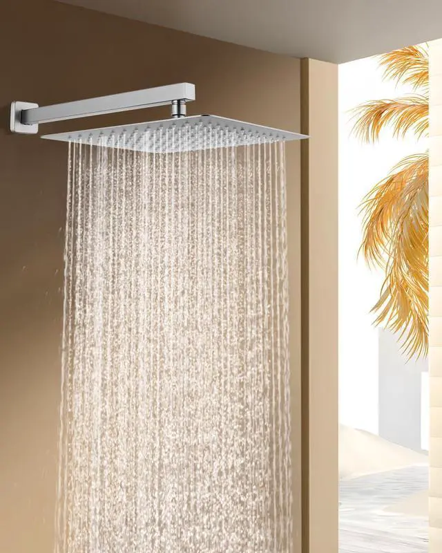 Alt view image 2 of 7 - All Metal Rainfall Shower Head with Extension Arm Brushed Nickel, 12" Large Rain Square Showerhead with 16" Shower Arm All Stainless Steel, 144 Silicone Nozzles Waterfall Full Body Coverage