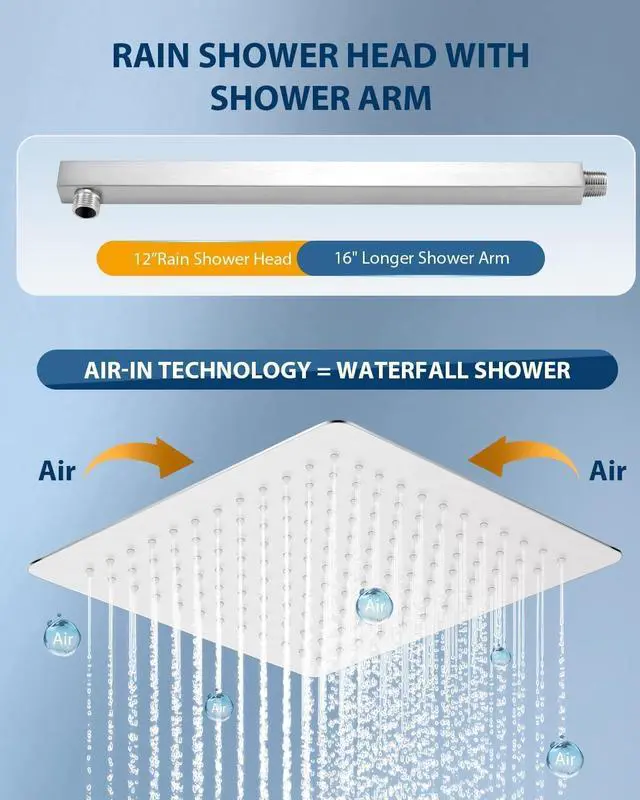 Alt view image 4 of 7 - All Metal Rainfall Shower Head with Extension Arm Brushed Nickel, 12" Large Rain Square Showerhead with 16" Shower Arm All Stainless Steel, 144 Silicone Nozzles Waterfall Full Body Coverage
