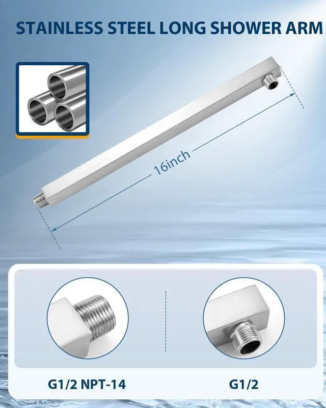 Alt view image 6 of 7 - All Metal Rainfall Shower Head with Extension Arm Brushed Nickel, 12" Large Rain Square Showerhead with 16" Shower Arm All Stainless Steel, 144 Silicone Nozzles Waterfall Full Body Coverage