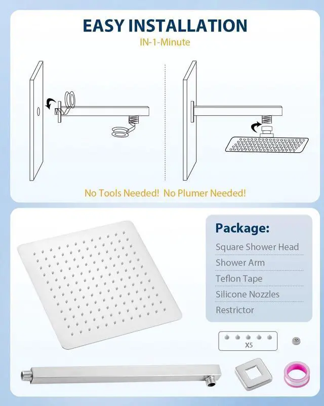 Alt view image 7 of 7 - All Metal Rainfall Shower Head with Extension Arm Brushed Nickel, 12" Large Rain Square Showerhead with 16" Shower Arm All Stainless Steel, 144 Silicone Nozzles Waterfall Full Body Coverage