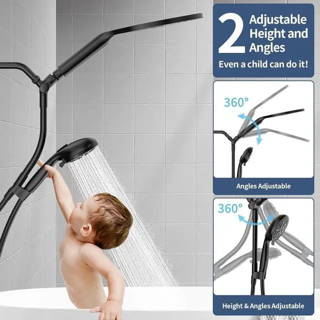 Alt view image 3 of 7 - KAIYING Dual Shower Heads with Handheld Spray Combo, High Pressure Modern Rain Shower Head with 9-Mode Handheld Showerhead, Double Rainfall Shower Head with 79-Inch Stainless Steel Hose (Matte Black)