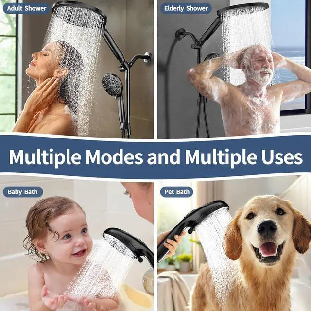 Alt view image 2 of 7 - KAIYING Dual Shower Heads with Handheld Spray Combo, High Pressure Modern Rain Shower Head with 9-Mode Handheld Showerhead, Double Rainfall Shower Head with 79-Inch Stainless Steel Hose (Matte Black)