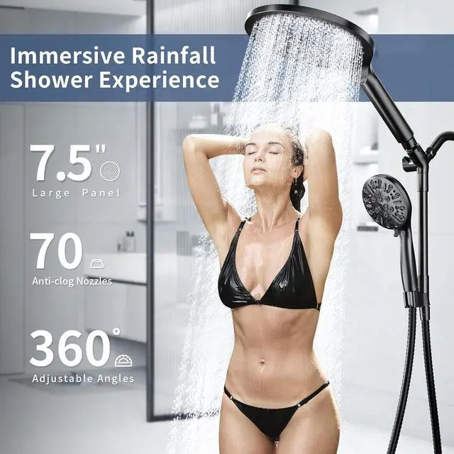Alt view image 4 of 7 - KAIYING Dual Shower Heads with Handheld Spray Combo, High Pressure Modern Rain Shower Head with 9-Mode Handheld Showerhead, Double Rainfall Shower Head with 79-Inch Stainless Steel Hose (Matte Black)