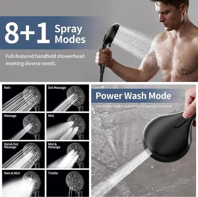 Alt view image 5 of 7 - KAIYING Dual Shower Heads with Handheld Spray Combo, High Pressure Modern Rain Shower Head with 9-Mode Handheld Showerhead, Double Rainfall Shower Head with 79-Inch Stainless Steel Hose (Matte Black)