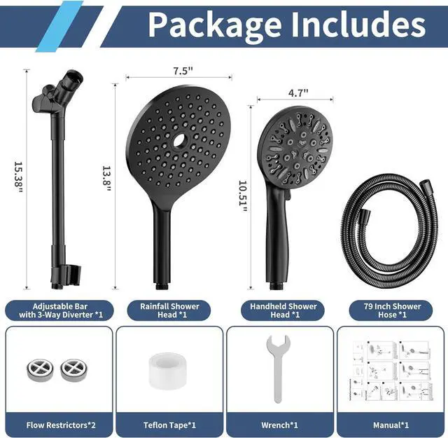 Alt view image 7 of 7 - KAIYING Dual Shower Heads with Handheld Spray Combo, High Pressure Modern Rain Shower Head with 9-Mode Handheld Showerhead, Double Rainfall Shower Head with 79-Inch Stainless Steel Hose (Matte Black)