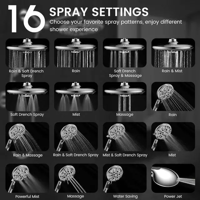 Alt view image 2 of 7 - FEELSO 10" High Pressure Shower Head Combo with Handheld Spray, 16 Settings, 11" Adjustable Arm, ON/OFF Pause Switch (Chrome)
