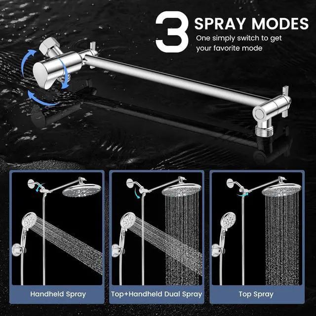 Alt view image 5 of 7 - FEELSO 10" High Pressure Shower Head Combo with Handheld Spray, 16 Settings, 11" Adjustable Arm, ON/OFF Pause Switch (Chrome)