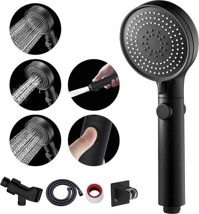Main image of MIAOHUI Shower Head with Hose and on off Switch, 3 Setting High Pressure Handheld Shower Head, Removable Shower Head with hose, Adjustable Angle Bracket, Low-Reach Wand Holder, Black